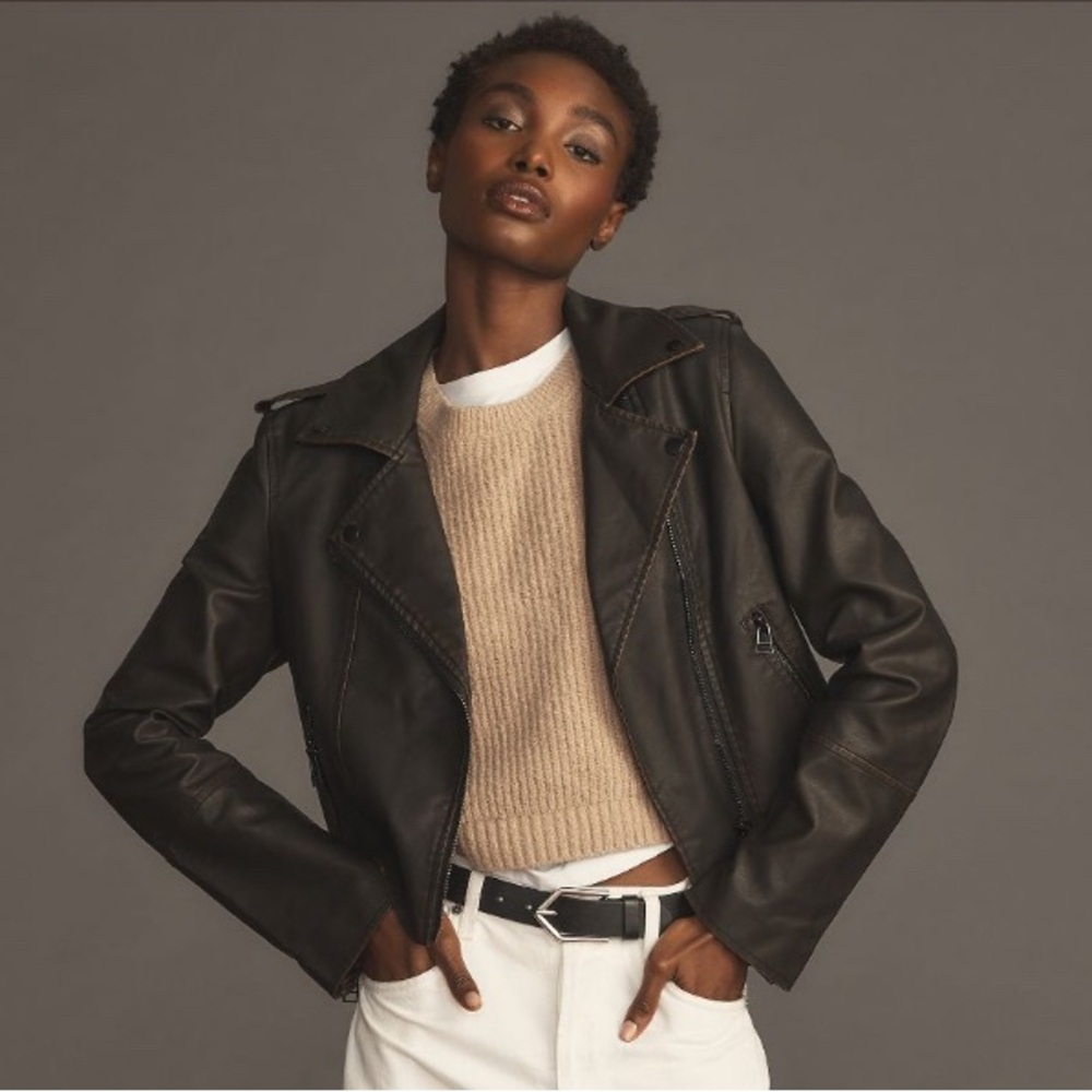 Avec Les Filles chocolate brown faux leather moto jacket Bnwot L